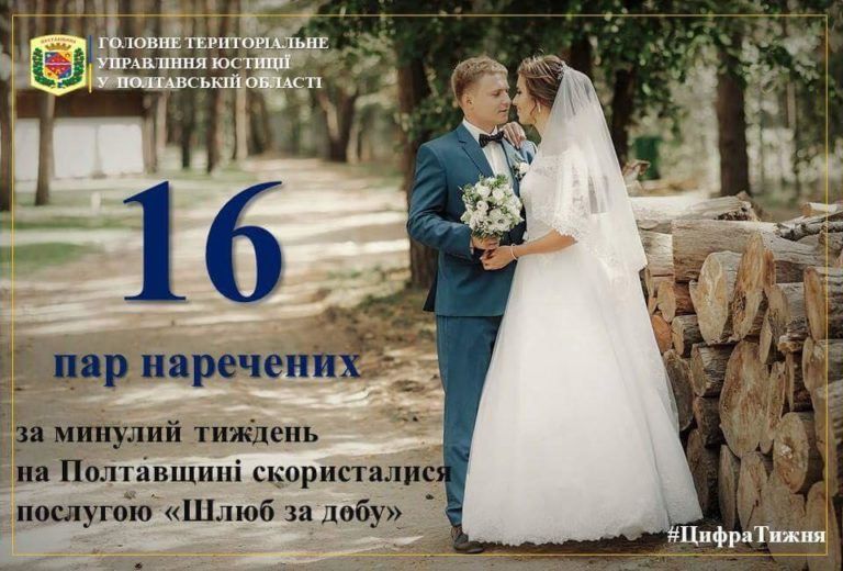 За минулий тиждень на Полтавщині 16 пар скористались послугою “Шлюб за добу”