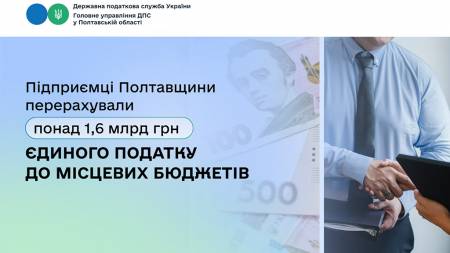 Підприємці Полтавщини перерахували понад 1,6 млрд грн єдиного податку до місцевих бюджетів