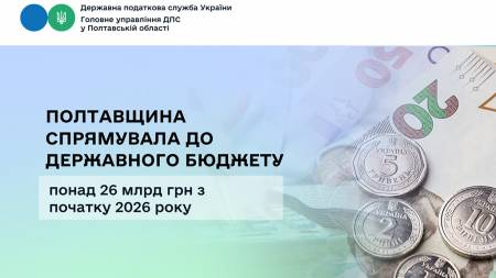 Полтавщина спрямувала до державного бюджету понад 26 млрд грн з початку 2026 року