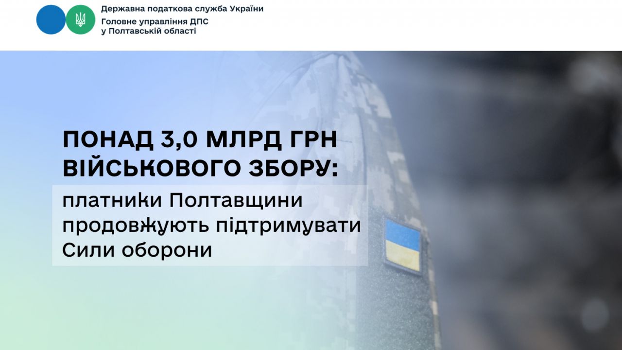 У 2026 році платники податків Полтавщини сплатили понад 3,0 млрд грн військового збору