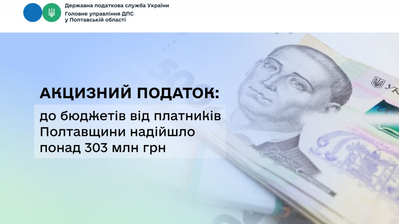 Акцизний податок: до бюджетів від платників Полтавщини  надійшло понад 303 млн грн