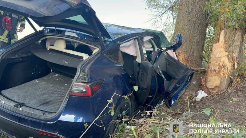 Поблизу Кременчука Tesla врізалася в дерево: травмовані водійка, пасажирка та двоє 10-річних дітей